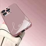 White Love Pattern Pink Metallic Tempered Glass Phone Case For iPhone