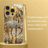 Luxury Diamond Golden Horse Pattern Tempered Glass Phone Case for iPhone