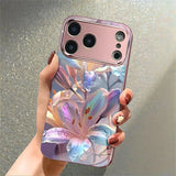 Colorful Lily Pattern Metallic Tempered Glass Phone Case For iPhone