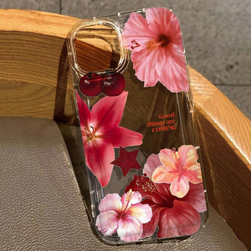 Cherry Flower Print Clear Case For iPhone