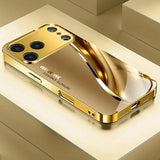 Gold Luxury Metal Curve Pattern Electroplating Glass Phone Case For iPhone