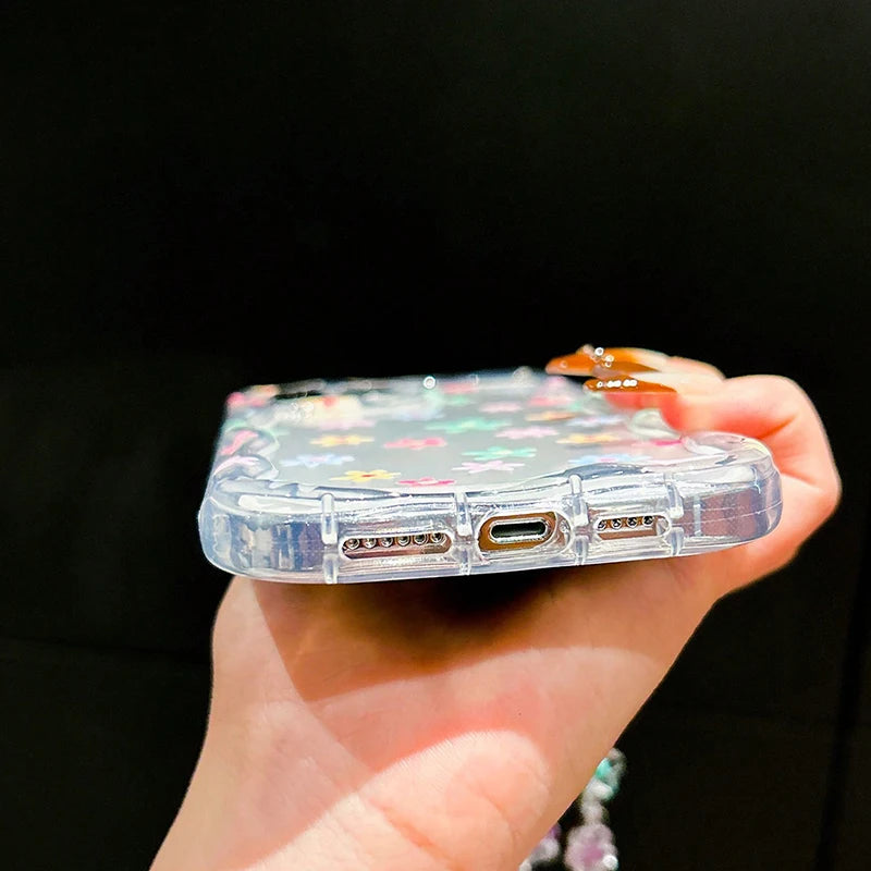 Colorful Flower Pattern Bracelet Lanyard Transparent Phone Case For iPhone