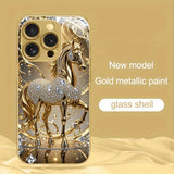 Luxury Diamond Golden Horse Pattern Tempered Glass Phone Case for iPhone