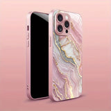 Advanced Marble Pattern Pink Metallic Paint Glass Hard Phone Case For iPhone