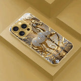 Luxury Diamond Golden Horse Pattern Tempered Glass Phone Case for iPhone