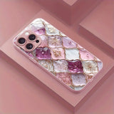 Plaid Flower Pattern Pink Metallic Paint Glass Hard Phone Case For iPhone