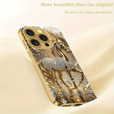 Luxury Diamond Golden Horse Pattern Tempered Glass Phone Case for iPhone