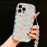 Colorful Flower Pattern Bracelet Lanyard Transparent Phone Case For iPhone
