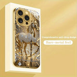 Luxury Diamond Golden Horse Pattern Tempered Glass Phone Case for iPhone