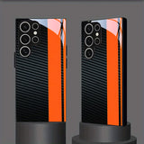 Black Orange Carbon Fiber Patterned Glass Phone Case Suitable For Samsung