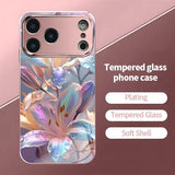 Colorful Lily Pattern Metallic Tempered Glass Phone Case For iPhone