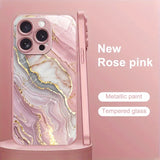 Advanced Marble Pattern Pink Metallic Paint Glass Hard Phone Case For iPhone