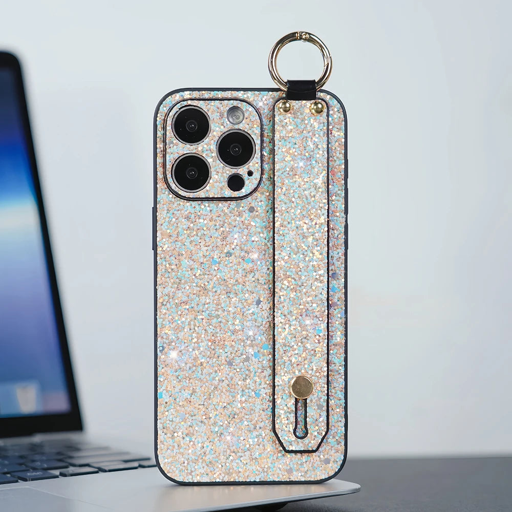 Shining Glitter Wrist Holder Strap Phone Case For iPhone