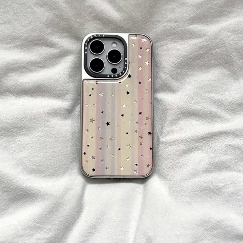Silver Frame Pink and Yellow Pattern Gilded Star Mobile Phone Case For iPhone