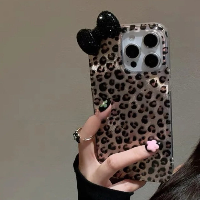 Colorful Leopard Blink Diamond Bowknot Lustre Lining Phone Case For iPhone
