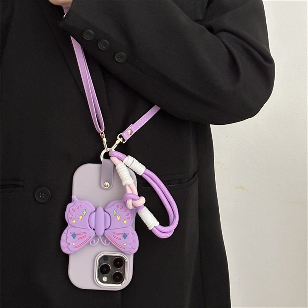Purple Butterfly Bracket Crossbody Phone Case For iPhone