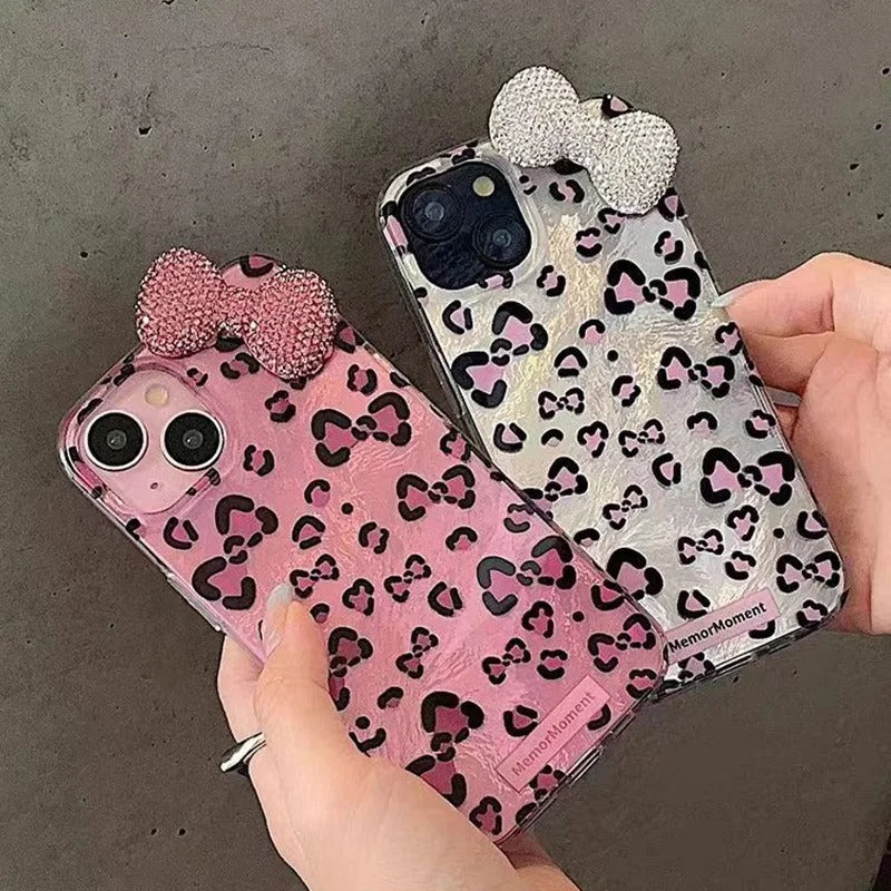 Colorful Leopard Blink Diamond Bowknot Lustre Lining Phone Case For iPhone