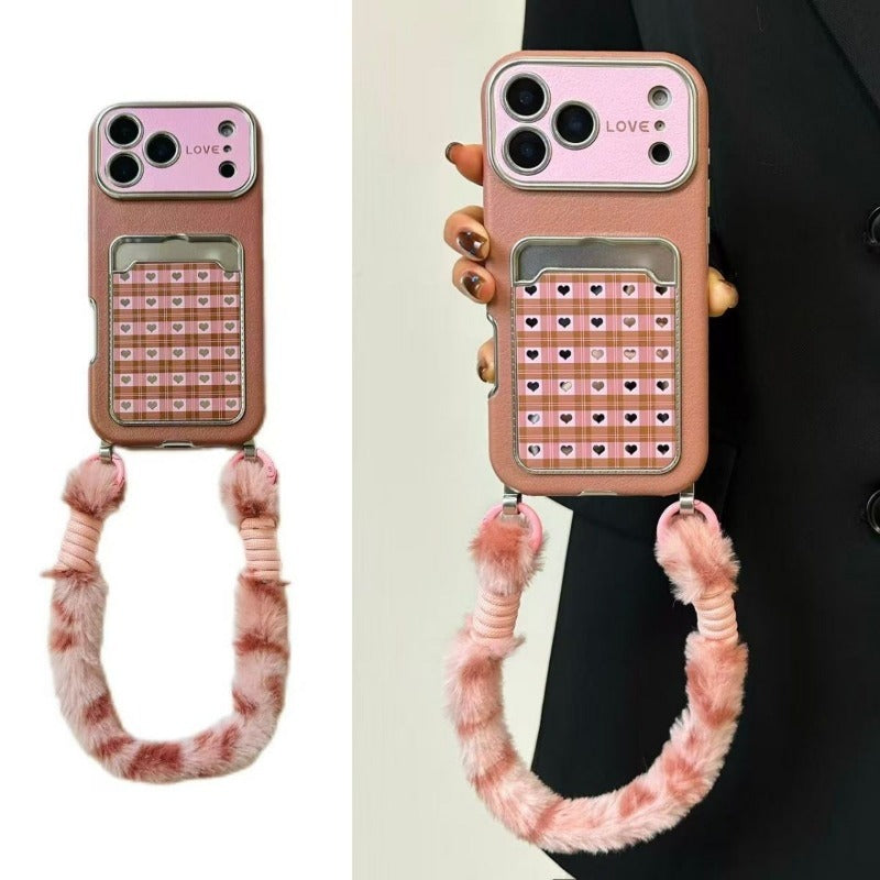 Checkered Heart Plush Rope Phone Case For iPhone