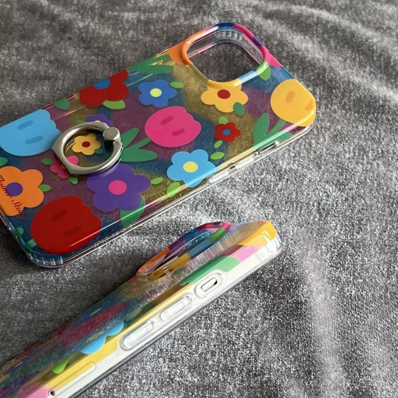 Colorful Flower Ring Buckle Phone Case For iPhone