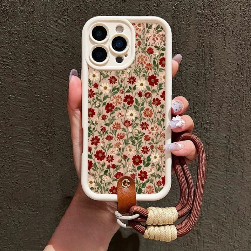 Cute Flower Pattern Lanyard Strap Rope Phone Case For iPhone