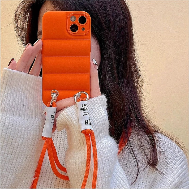 Crossbody Necklace Strap Lanyard Down Jacket Silicone Soft Phone Case For iPhone