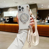 Mirror Stand Silk Strap Case For iPhone 17 16 15 14 11 12 13 Pro Max XS Plus 16E Transparent Crossbody Neck Lanyard Soft Cover