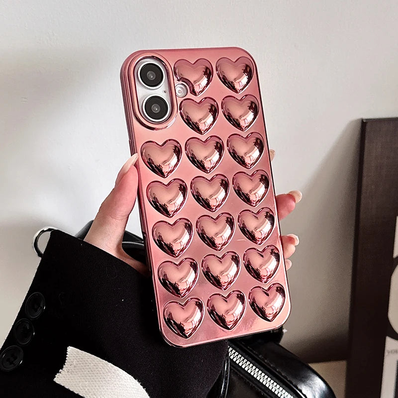 Plating Rose Gold 3D Love Heart Glossy Back Cover Case For iPhone