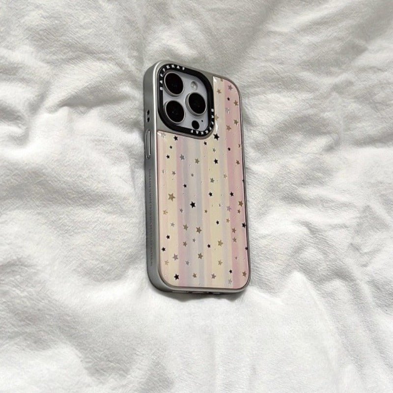 Silver Frame Pink and Yellow Pattern Gilded Star Mobile Phone Case For iPhone