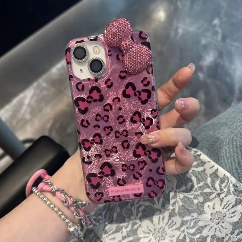 Colorful Leopard Blink Diamond Bowknot Lustre Lining Phone Case For iPhone