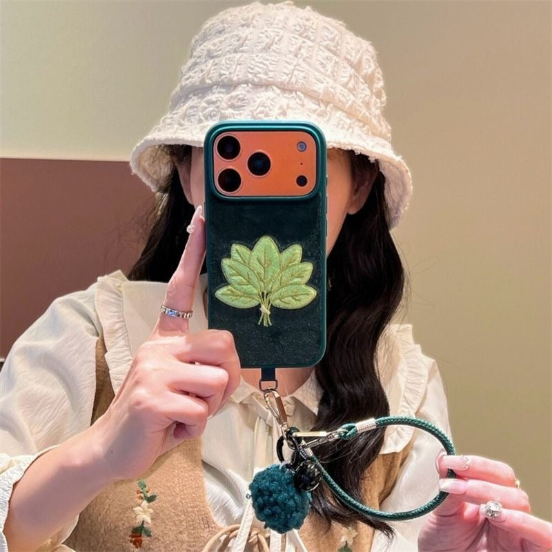 Velvet Green Embroidered Grapefruit Leaf Phone Case For iPhone