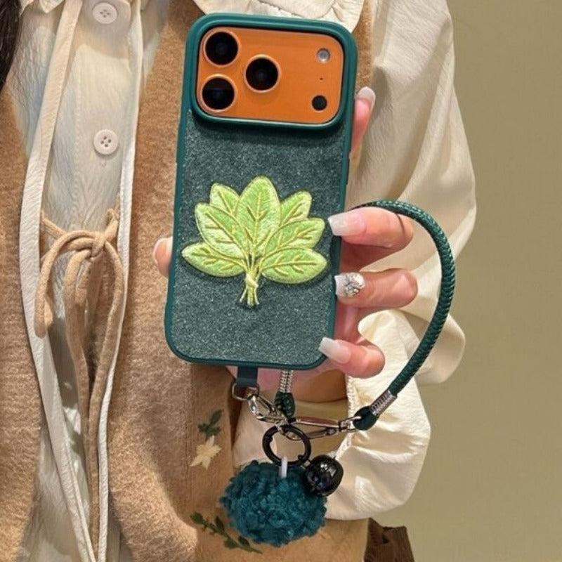 Velvet Green Embroidered Grapefruit Leaf Phone Case For iPhone