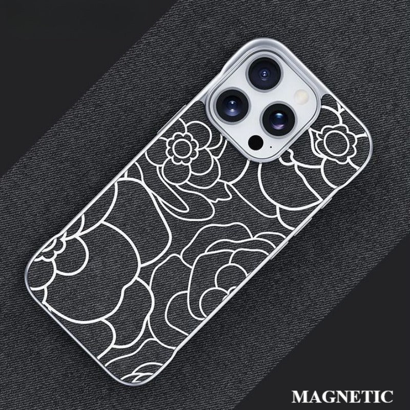 Embossed Camellia Magnetic Phone Case For iPhone