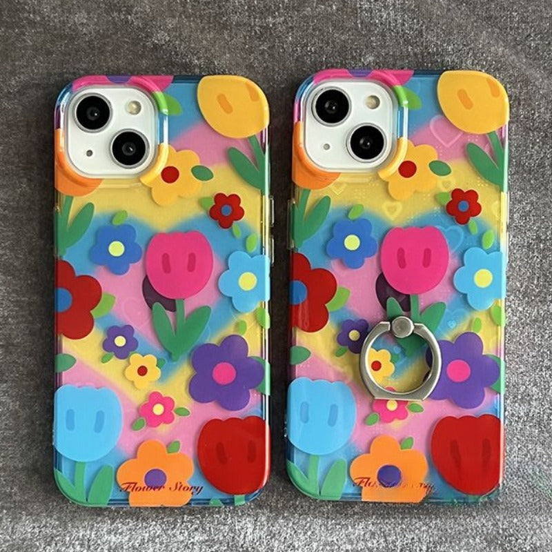 Colorful Flower Ring Buckle Phone Case For iPhone