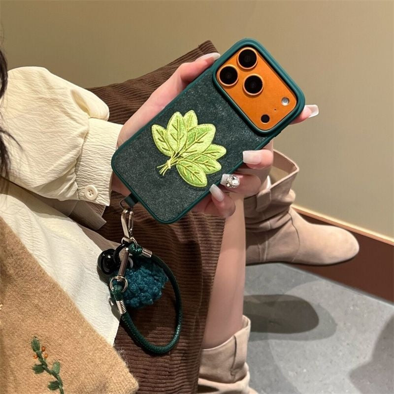 Velvet Green Embroidered Grapefruit Leaf Phone Case For iPhone