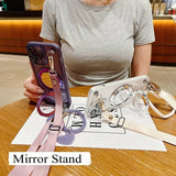 Mirror Stand Silk Strap Case For iPhone 17 16 15 14 11 12 13 Pro Max XS Plus 16E Transparent Crossbody Neck Lanyard Soft Cover