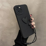 Cute 3D Black Love Heart Soft Phone Case With Wrist Strap For IPhone