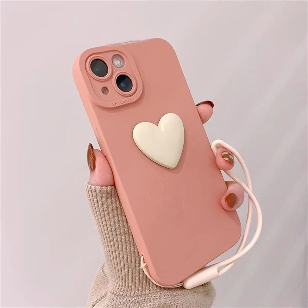 Cute 3D Black Love Heart Soft Phone Case With Wrist Strap For IPhone