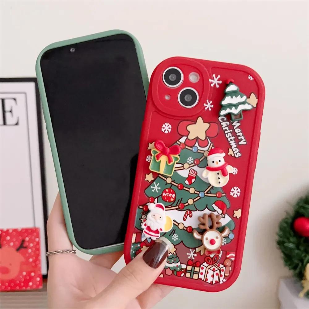 Cute Cartoon 3D Santa Claus Elk Snowman Christmas Tree Soft Case For IPhone