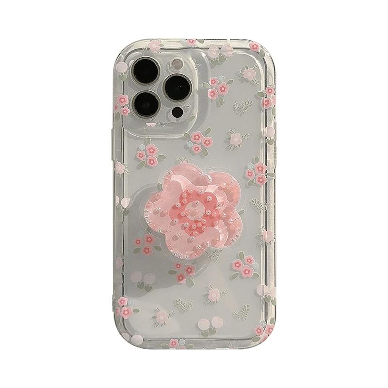 아이폰용 귀여운 유사 핑크 꽃 홀더 전화 케이스 