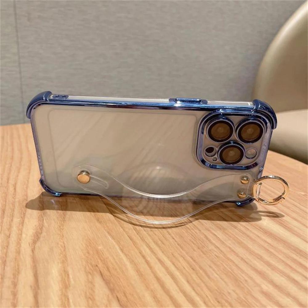 Luxury Plating Wristband Crossbody Lanyard Clear Hard Case For iPhone