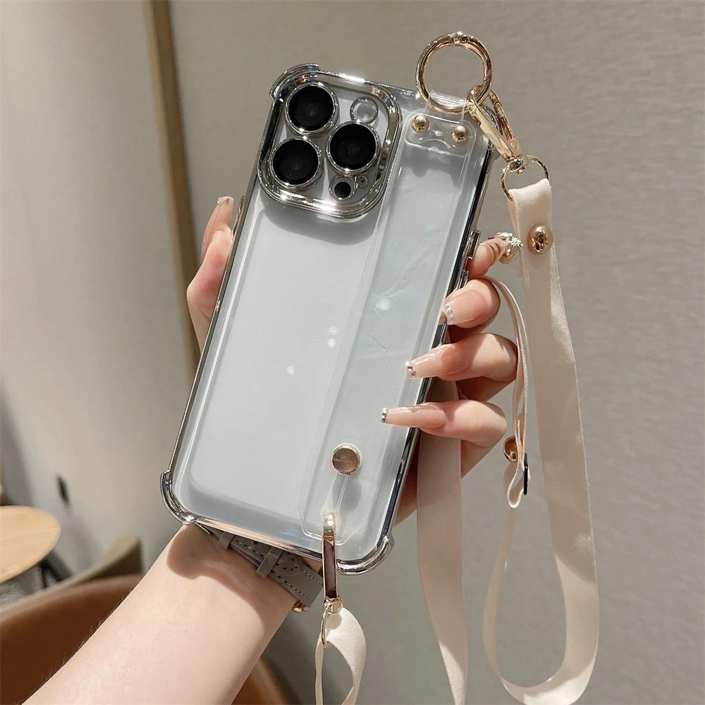 Luxury Plating Wristband Crossbody Lanyard Clear Hard Case For iPhone