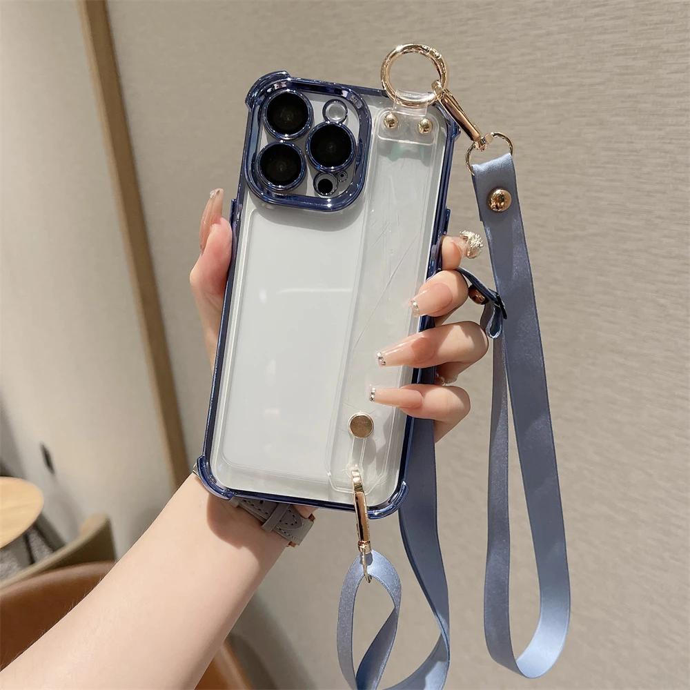 Luxury Plating Wristband Crossbody Lanyard Clear Hard Case For iPhone