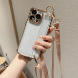 Luxury Plating Wristband Crossbody Lanyard Clear Hard Case For iPhone