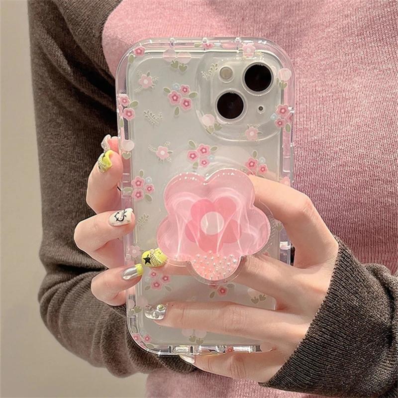 아이폰용 귀여운 유사 핑크 꽃 홀더 전화 케이스 