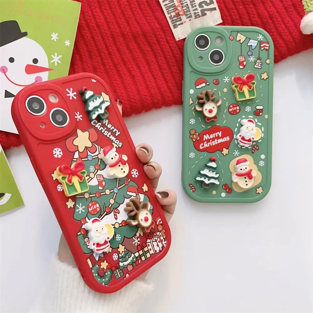 Cute Cartoon 3D Santa Claus Elk Snowman Christmas Tree Soft Case For IPhone