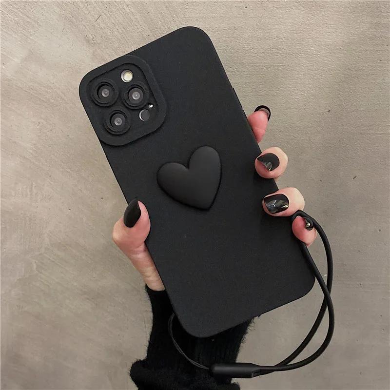 Cute 3D Black Love Heart Soft Phone Case With Wrist Strap For IPhone