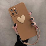 Cute 3D Black Love Heart Soft Phone Case With Wrist Strap For IPhone