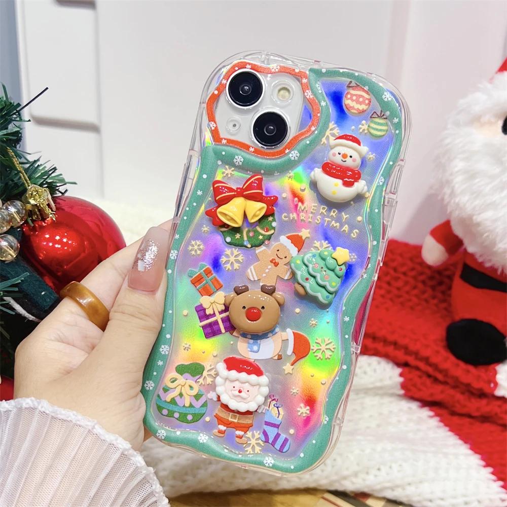 Simpatica custodia per telefono 3D con Babbo Natale, alce, pupazzo di neve, albero di Natale, per iPhone 