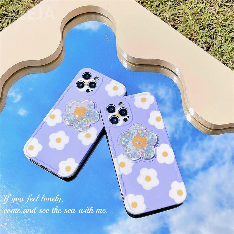 Liquid Silicone Glitter Flower Phone Case For iPhone