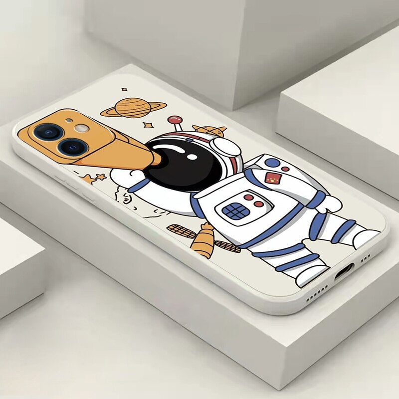 Cute Astronaut Liquid Silicon Case For iPhone